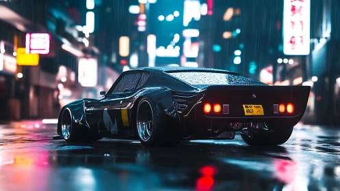 Modified sports car sits on wet neon street at night in rain