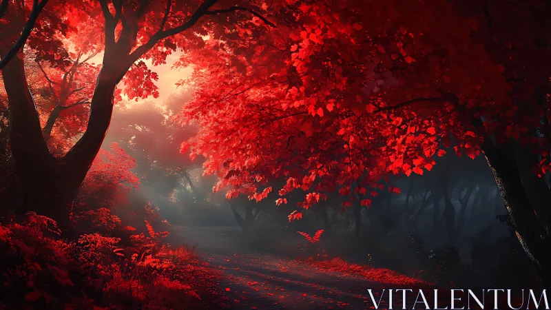 Crimson forest canopy spills molten light across the path