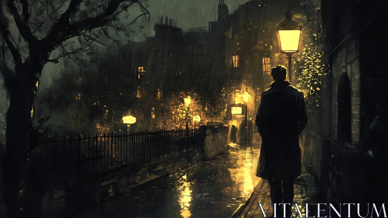Rain-soaked nocturne of lone figure on gaslit cobblestone street