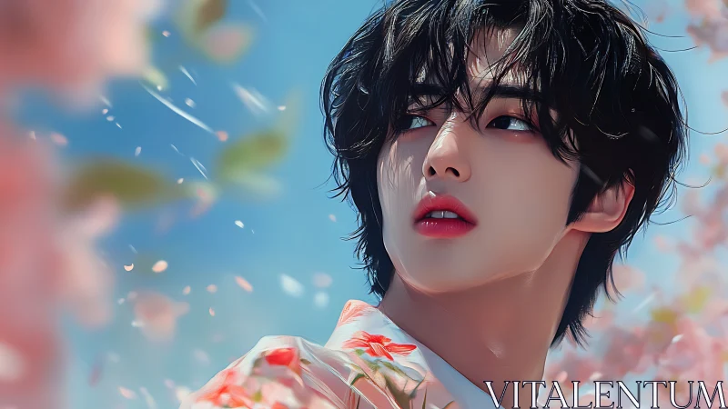 Digital portrait of young figure amid pastel blossoms.