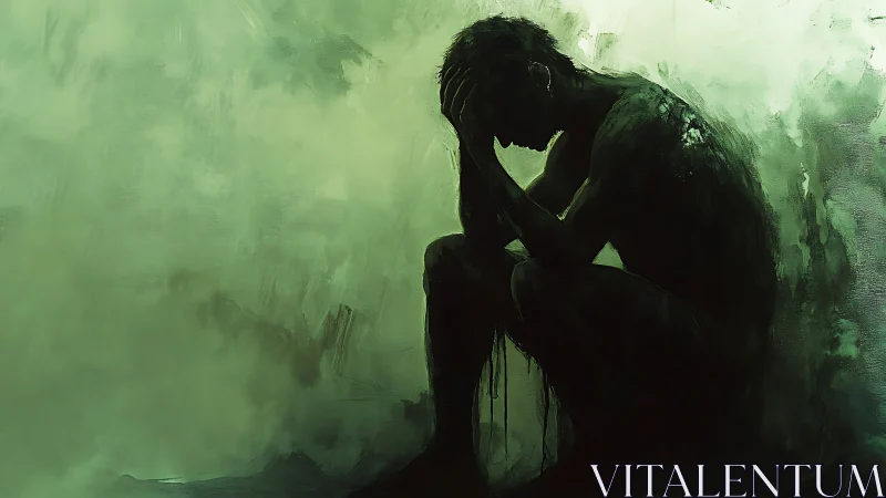 Monochrome green silhouette of distressed seated figure.