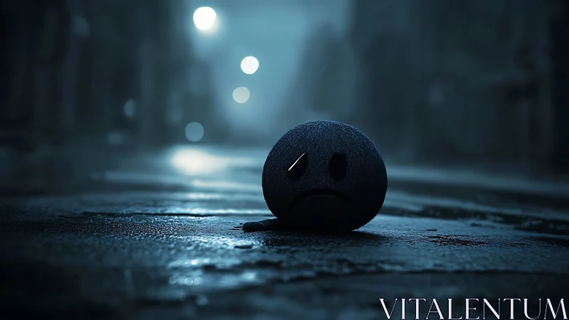 Sad black sphere emoji on wet empty night street.