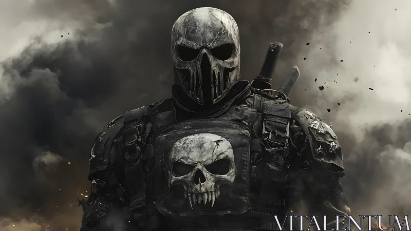 Skull masked revenant strides through war-smothered smoke