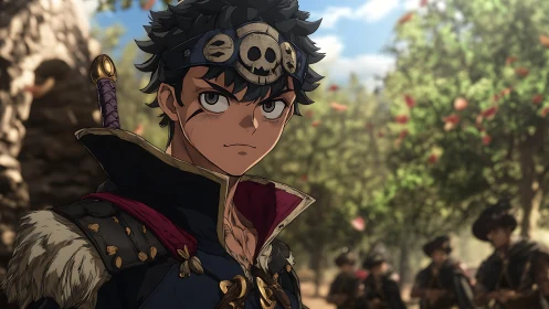 Determined young warrior stands ready in a sunlit forest path