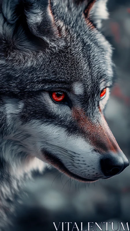 Wolf portrait shows intense red eyes and detailed silver fur