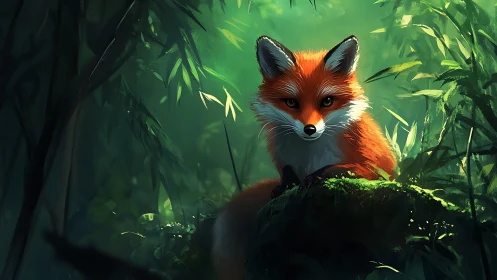 Backlit red fox rendered in high-detail digital forest lighting