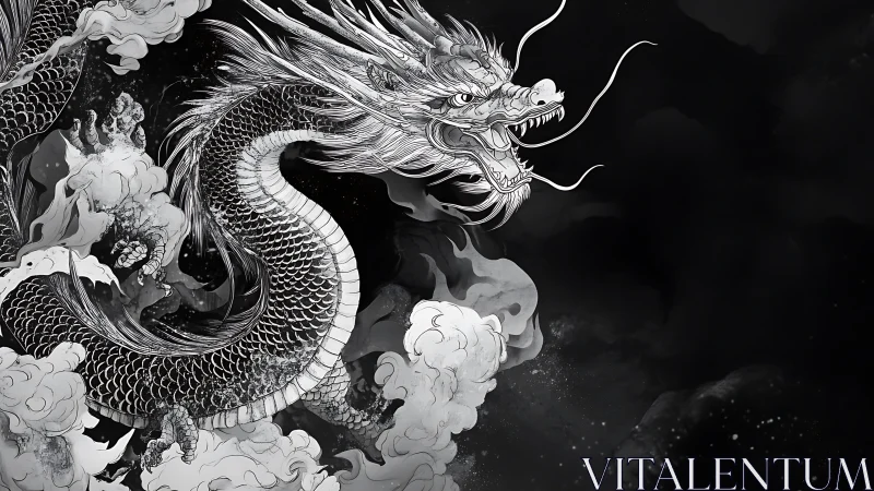 Storm-wreathed oriental dragon rendered in monochrome ink.