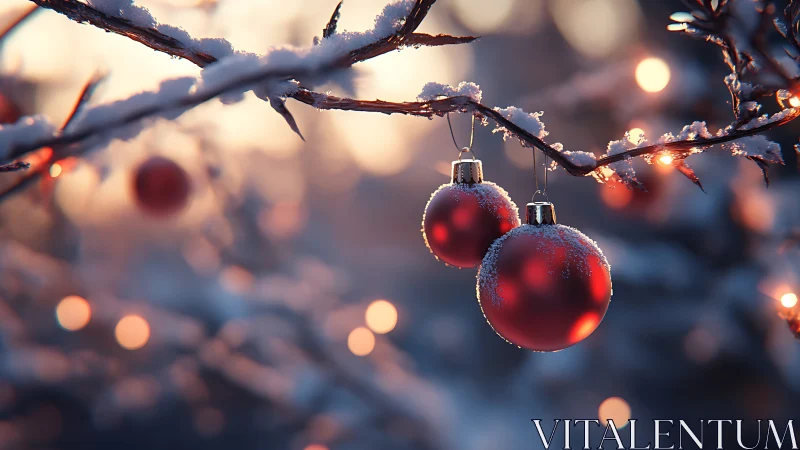 Red Christmas ornaments on snowy branches in sunset bokeh glow.
