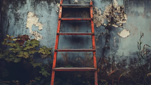 Rust ladder leans on weathered wall, whispering lost climbs.