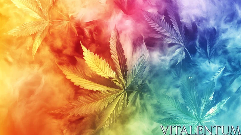 Multicolor cannabis leaves in gradient vapor field, high saturation