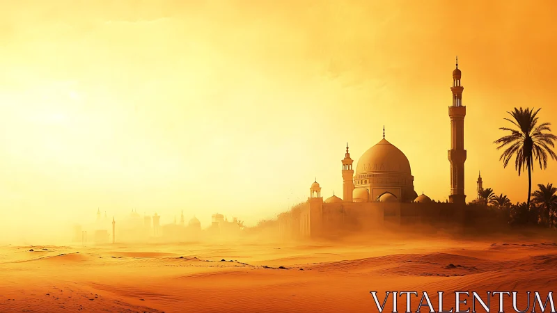 Golden desert mosque emerging through sunlit dust haze.