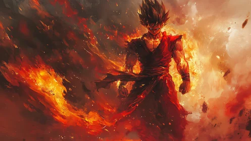 Fiery anime warrior strides through swirling inferno storm