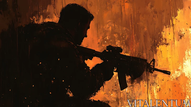 Lone soldier silhouette framed by glowing amber firelight.