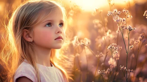 Young subject in golden hour field with delicate flowering plants.