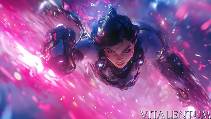 Futuristic female combat figure in powered armor mid-flight.