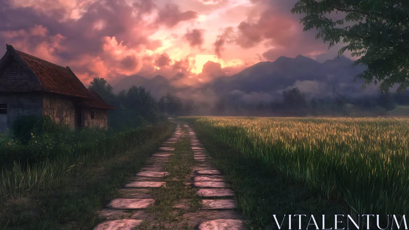 Sunset-graded stone path advances through volumetric rural fields