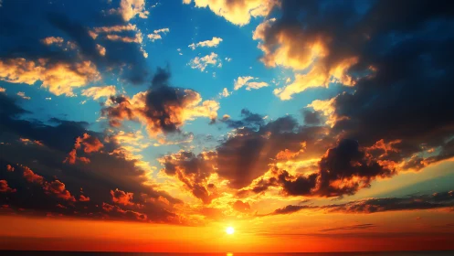 Sunset sky blazes with radiant clouds over tranquil horizon.