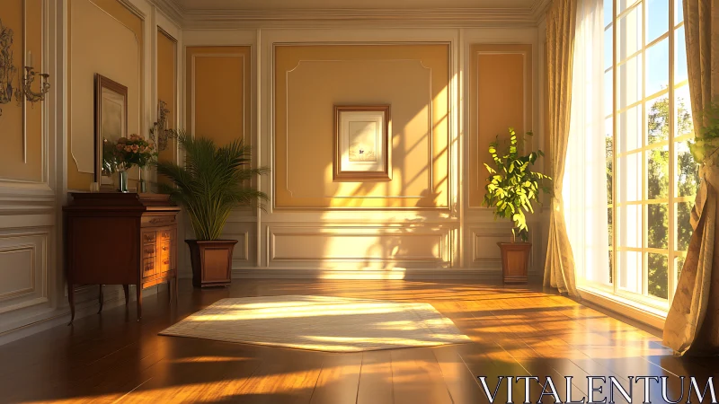 Sunlit neoclassical living room with golden wall panels.