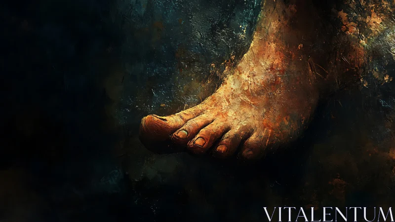 Weathered bare foot glowing softly in painterly light.
