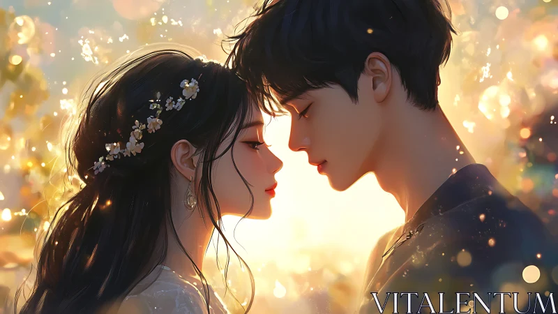 Two figures positioned in profile with ambient light particles and bokeh background.