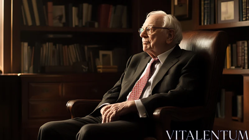 Elderly man in office chair beside bookcase, side-lit profile.