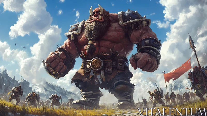 Giant armored orc warlord leading a battlefield march.