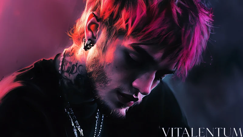 Neon-lit melancholic portrait in cinematic digital painting style.