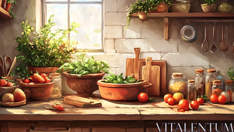 Sunlit rustic kitchen herbs with ripe tomatoes and spices.