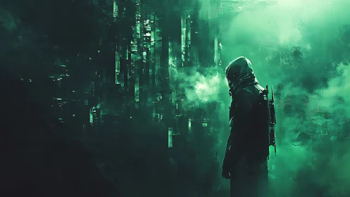 Solitary sci fi wanderer studies neon vertical city haze