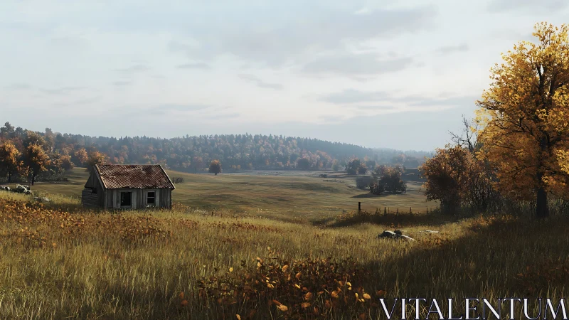 Weathered cabin in expansive autumn meadow under overcast sky