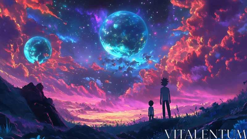 Stargazing duo under glowing alien skies at dreamy dusk.