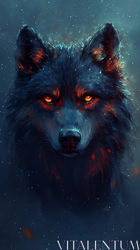 Burning-eyed wolf spirit gazes calmly through swirling night