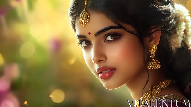 Graceful woman in gold jewelry against glowing bokeh light.