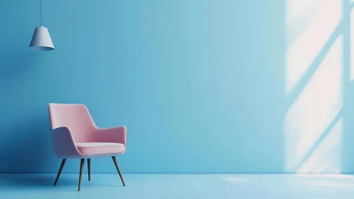Pastel armchair in minimal cyan interior under soft daylight.