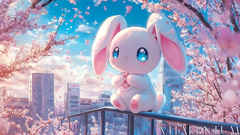 Pastel bunny overlooking springtime city skyline at dusk.
