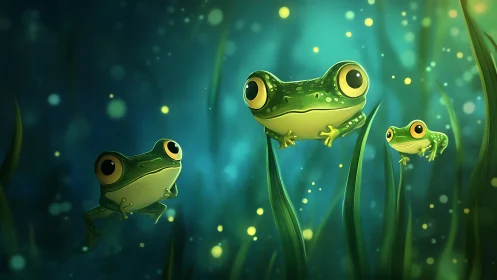 Whimsical tree frogs glowing in dreamy aquatic light.