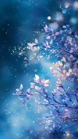 Illuminated branches with dispersed particles against blue gradient.