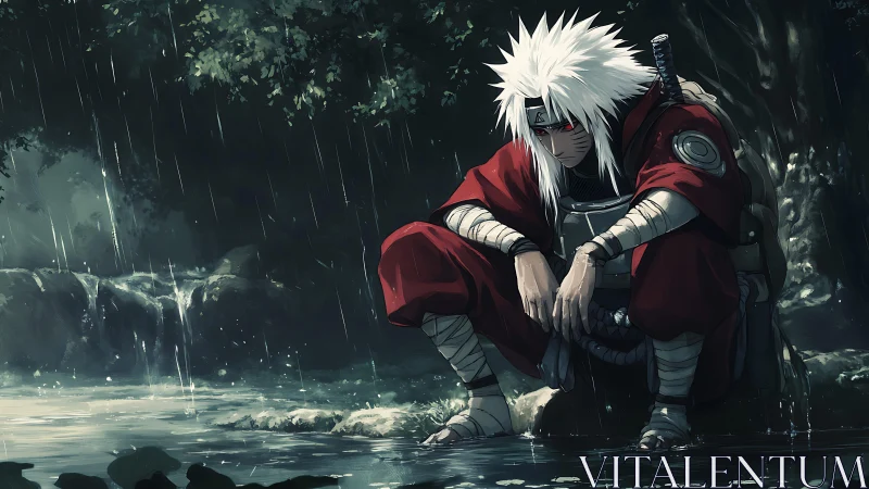 Rain-soaked warrior broods beside a hush of falling water.