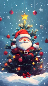 Santa sitting inside decorated Christmas tree in snow