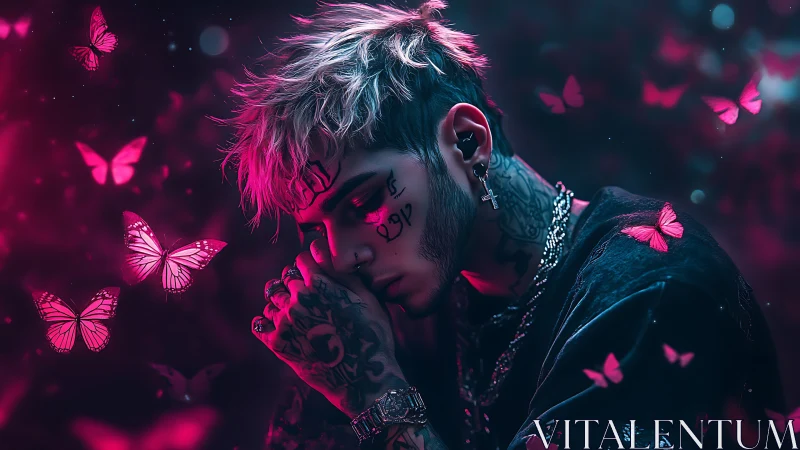 Tattooed dreamer sinks into neon night amid pink butterflies