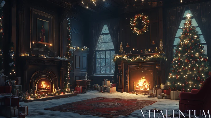 Cozy Christmas fireside room glowing with warm holiday light.