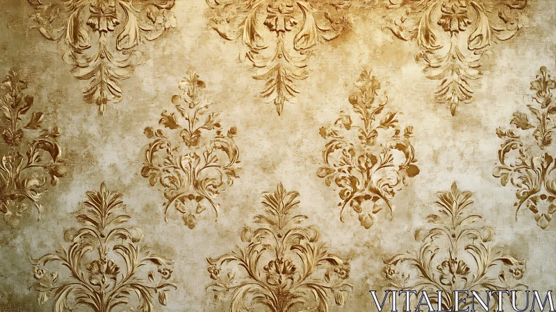 Vintage gold damask pattern on aged textured wallpaper.