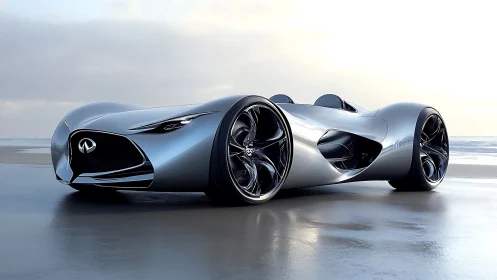Silver Infiniti concept speedster on reflective beach surface.