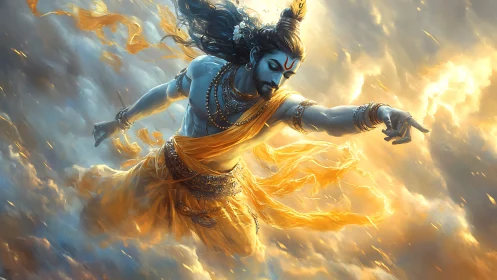 Divine blue warrior commands golden storm clouds above