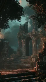 Ancient vine covered stone arches in misty forest ruins.