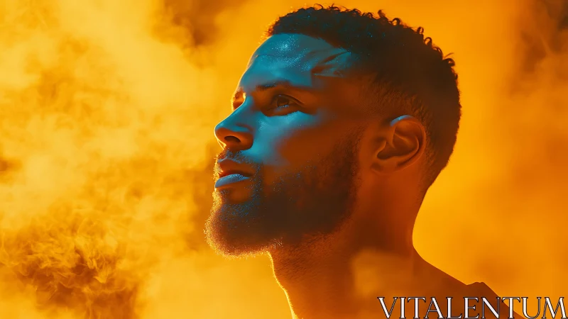 Cinematic male portrait in blue rim light and orange haze.