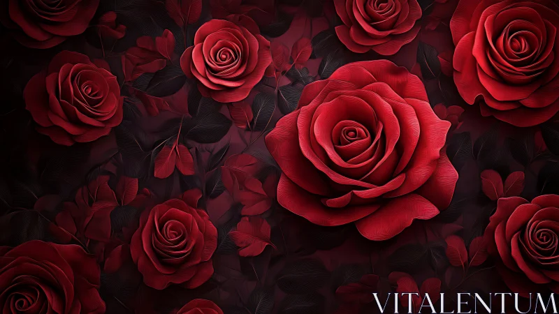Digital rendering depicts clustered red roses against dark background.