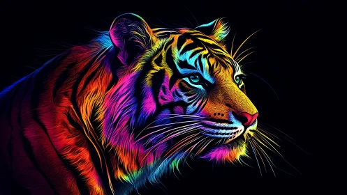 Multicolored digital tiger profile rendered on black background