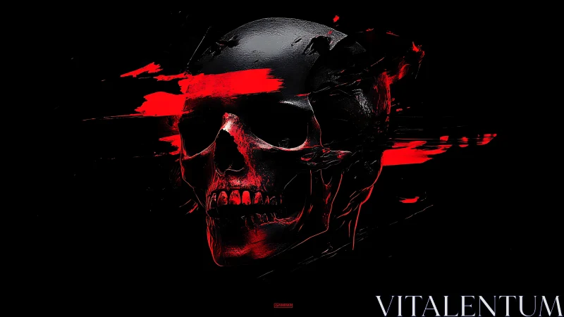 Shattered crimson skull streaked in violent digital motion.