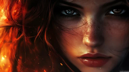 Fiery-Haired Woman With Luminous Eyes in Digital Portrait.